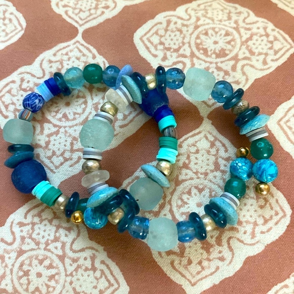 2 piece adjustable handmade bracelets, boho one size. In Blues